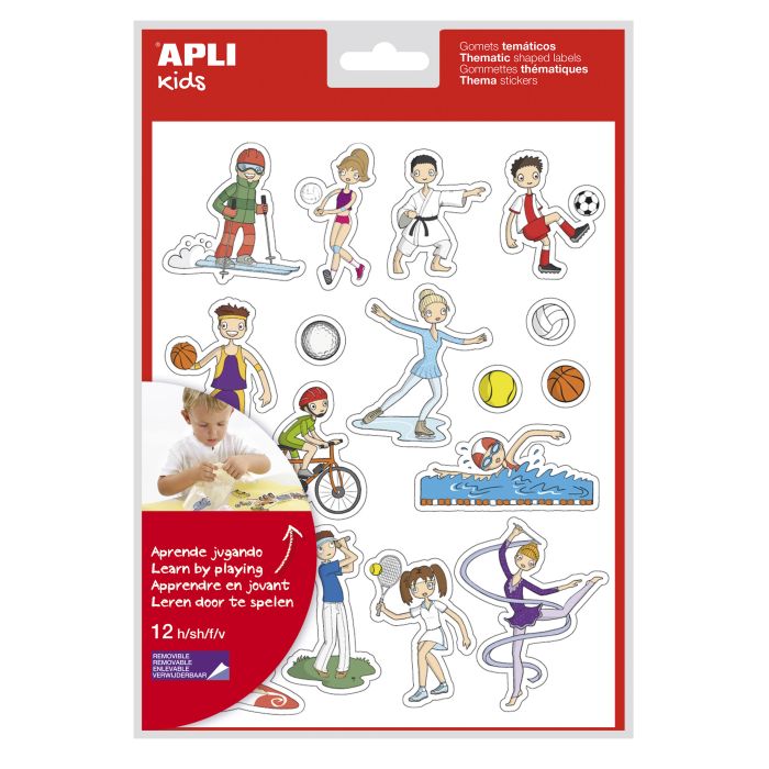 Apli Bolsa de Gomets Tematicos Deportes - 204 Gomets en 12 Hojas - Ilustraciones Divertidas para Enriquecer Vocabulario y Habilidades Motoras - Adhesivo Removible - Adhesivo Base Agua - Libre de Disolventes - Colorido