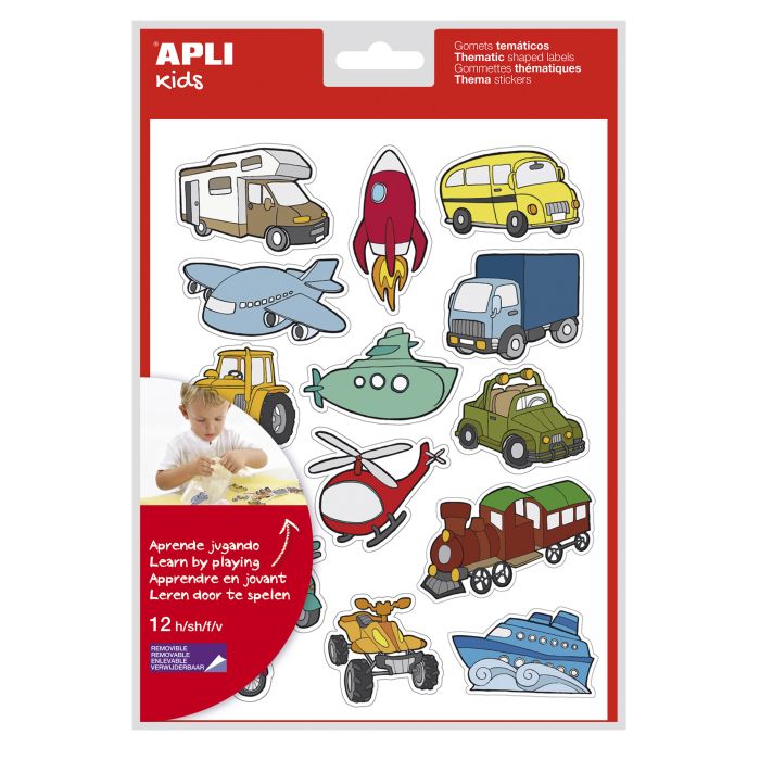 Apli Gomets Tematicos Transportes - 180 Gomets en 12 Hojas - Adhesivo Removible - Ideal para Aprendizaje - Cumple Normas EN-71 y FSC - Adhesivo Base Agua - ECF - 100% Reciclables - Coloridos