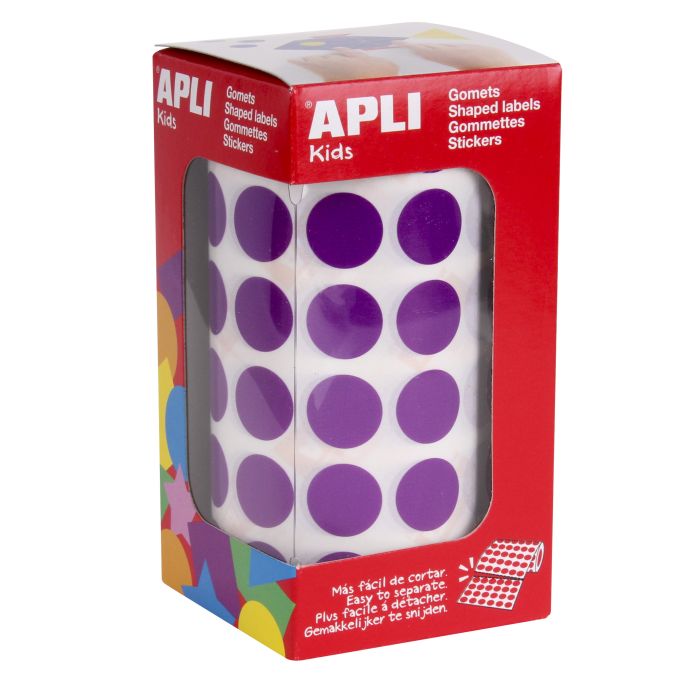 Apli Gomets Redondos Lila Ø 15mm - 59 Hojas Pretroqueladas - 2832 Gomets por Rollo - Adhesivo Base Agua - Normas EN-71 y FSC - Desarrollo de Psicomotricidad Fina