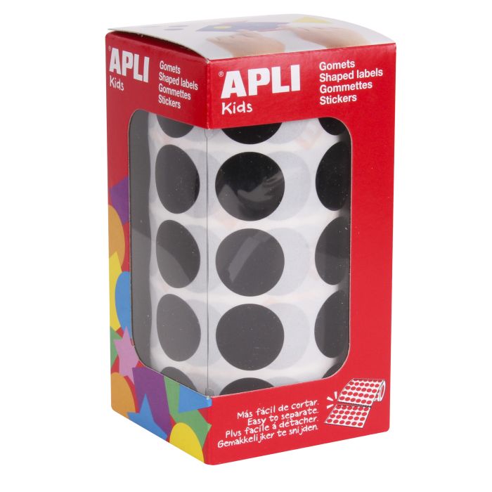 Apli Gomets Redondos Ø 20mm en Negro con Adhesivo Permanente - 59 Hojas Pretroqueladas - 1770 Gomets por Rollo - Desarrolla la Psicomotricidad Fina y Habilidades Educativas