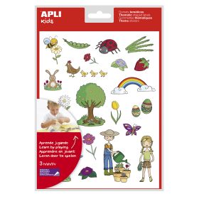 Apli Bolsa de Gomets Tematicos la Primavera - 66 Gomets en 3 Hojas - Adhesivo Removible - Ilustraciones Educativas - Adhesivo Base Agua - Libre de Disolventes - Coloridos