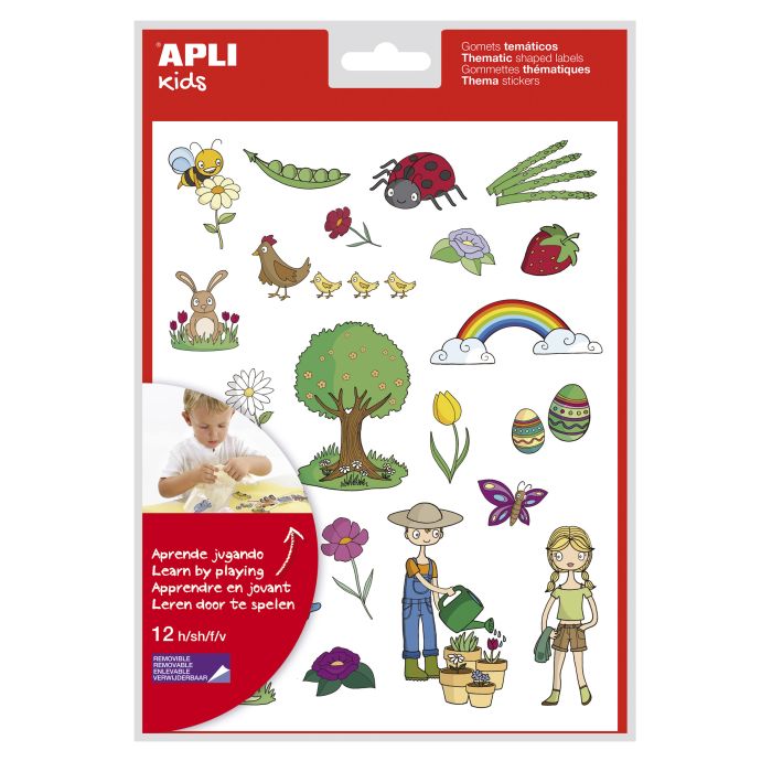 Apli Gomets Tematicos la Primavera - 264 Gomets en 12 Hojas - Ilustraciones Educativas - Adhesivo Removible - Formato Escolar - Adhesivo Base Agua - Libre de Disolventes - Colorido