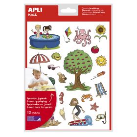 Apli Gomets Tematicos el Verano - 12 Hojas (288 Gomets) - Adhesivo Removible - Ilustraciones Educativas - Normas EN-71 y FSC - Adhesivo Base Agua - Libre de Disolventes - Papeles ECF - 100% Reciclables - Coloridos