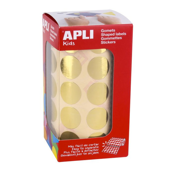 Apli Gomets Redondos Oro Metalizado - Tamaño Ø 20mm - Adhesivo Permanente - 1770 Gomets por Rollo - Ideal para Actividades Creativas y Educativas