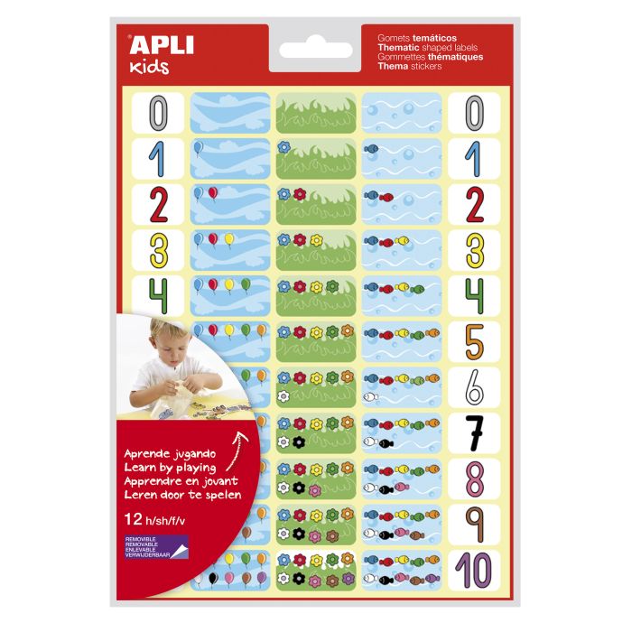 Apli Gomets Tematicos los Numeros - 660 Gomets en 12 Hojas - Ayuda a Identificar y Cuantificar Numeros - Adhesivo Removible - Ideal para Escuelas - Adhesivo Base Agua - Libre de Disolventes - Color Variado