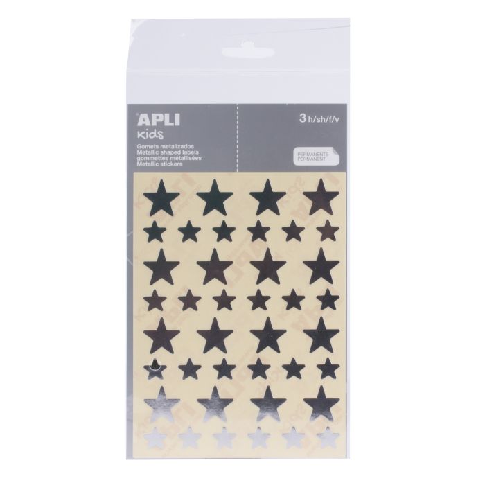 Apli Bolsa de Gomets en Forma de Estrella - Tamaño 12.5mm y 19.5mm - Adhesivo Permanente Plata - 3 Hojas y 120 Gomets - Normas EN-71 y FSC - Adhesivo Base Agua - Libre de Disolventes - Papeles ECF - Materiales 100% Reciclables