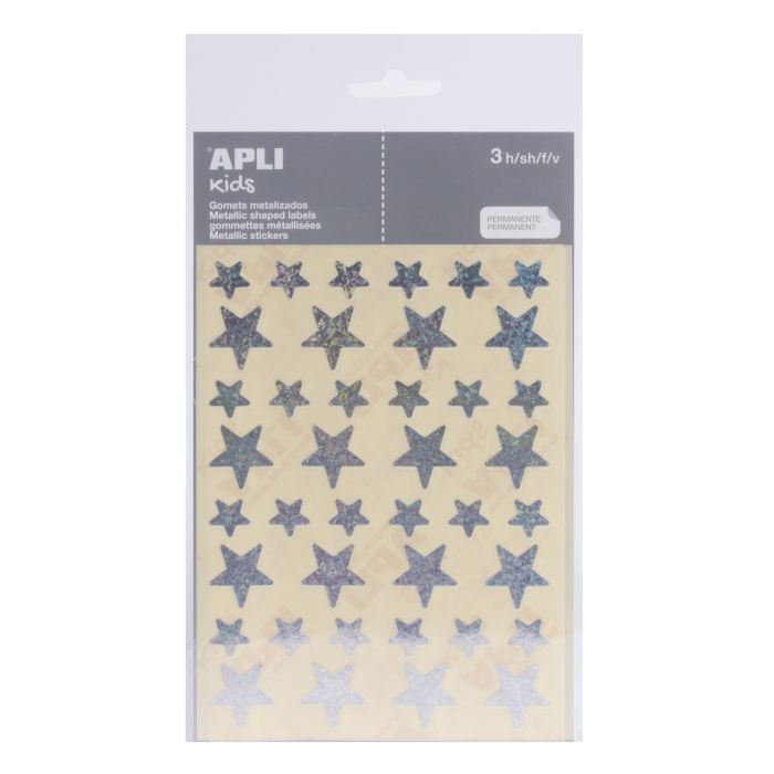 Apli Bolsa de Gomets Estrella - 12.5mm x 19.5mm - Holograficos con Adhesivo Permanente - 3 Hojas y 120 Gomets - Cumplen Normas EN-71 y FSC - Adhesivo Base Agua - Papeles ECF - Materiales 100% Reciclables