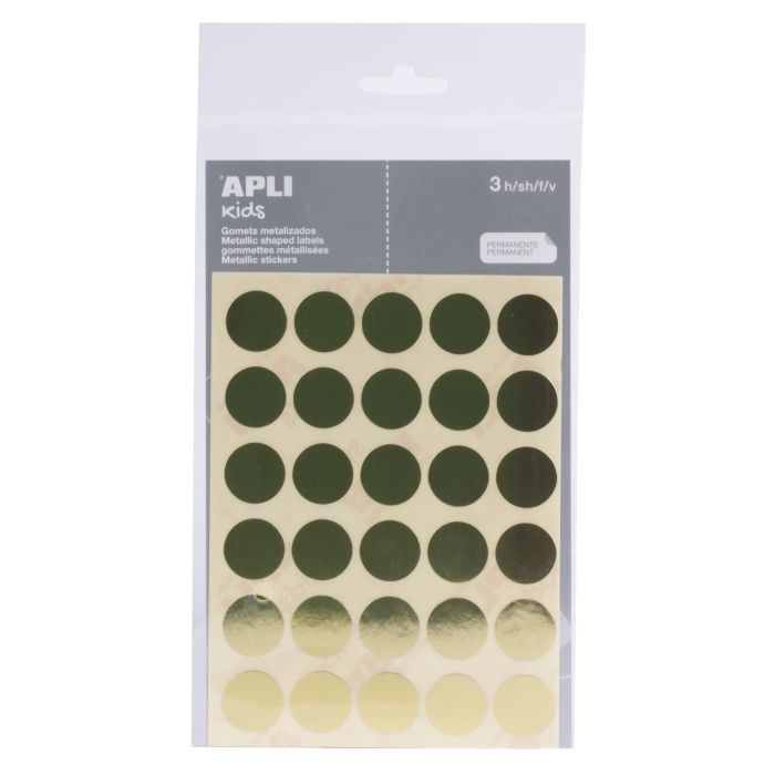 Apli Bolsa de Gomets Redondos Ø 20mm en Color Oro con Adhesivo Permanente - 90 Gomets en 3 Hojas - Ideal para Desarrollar la Psicomotricidad Fina y Trabajar Varias Capacidades y Habilidades - Cumple con Normas EN-71 y FSC