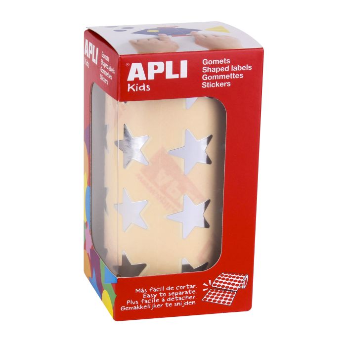 Apli Gomets Estrella Plata Metalizado - Tamaño 19.5mm - 1416 Gomets por Rollo - Adhesivo Base Agua - Normas EN-71 y FSC