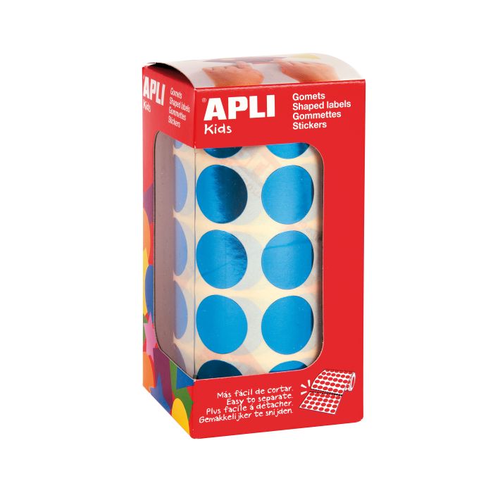 Apli Gomets Redondos Azul Metalizado Ø 20mm - 59 Hojas Pretroqueladas - 1770 Gomets por Rollo - Ideal para Escuelas y Talleres Infantiles - Cumple Normas EN-71 y FSC