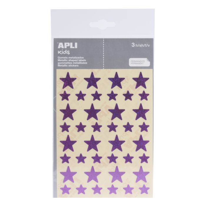 Apli Gomets Estrella Holograficos - Tamaño 12.5mm y 19.5mm - Adhesivo Permanente - 120 Unidades por Bolsa - Desarrollo de Habilidades y Creatividad - Color Lila