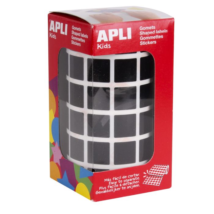 Apli Gomets Cuadrados Negros - 15 x 15mm - 59 Hojas Pretroqueladas - 2832 Gomets por Rollo - Ideal para Escuelas y Talleres Infantiles - Normas EN-71 y FSC - Adhesivo Base Agua - Materiales 100% Reciclables