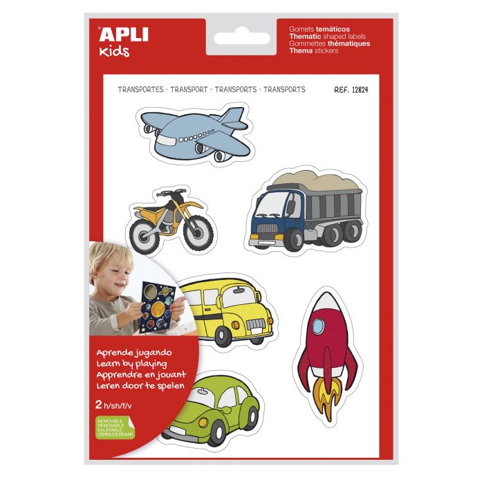 Apli Gomets Tematicos Transportes xL - 24 Gomets en 2 Hojas A4 - Ilustraciones de Medios de Transporte - Adhesivo Removible - Tamaño xL sin Borde - Adhesivo Base Agua - Libre de Disolventes - Colorido