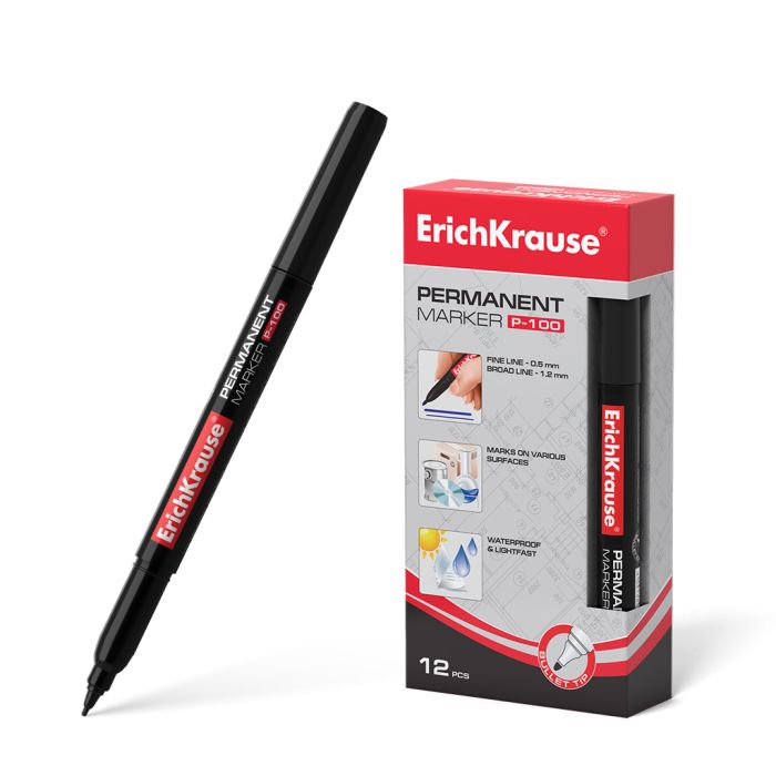Erichkrause Marcador Permanente P-100 - Punta Fina de 0.5 a 1.2mm - Resistente al Agua y a los Rayos UV - Color Negro