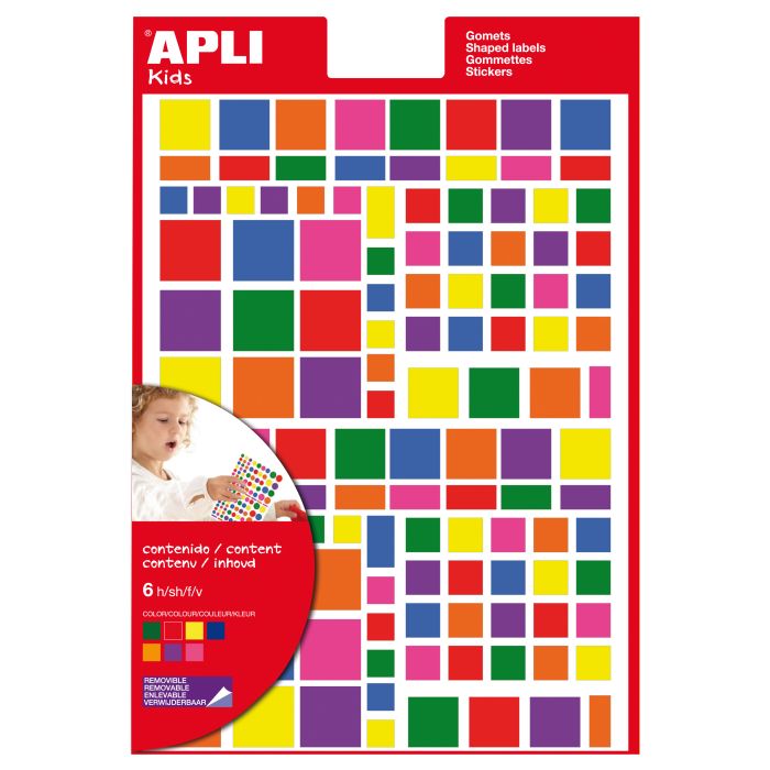 Apli Gomets Cuadrados Adhesivo Removible - Tamaños Surtidos - 732 Gomets por Bolsa - Desarrollo de Habilidades y Creatividad - Normas de Calidad y Seguridad - Colores Variados