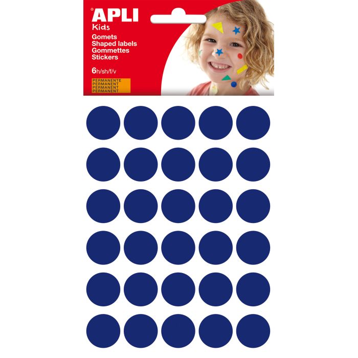 Apli Gomets Redondos Ø 20mm - 180 Unidades en 6 Hojas - Adhesivo Permanente - Desarrollo de Habilidades y Creatividad - Normas EN-71 y FSC - Color Azul
