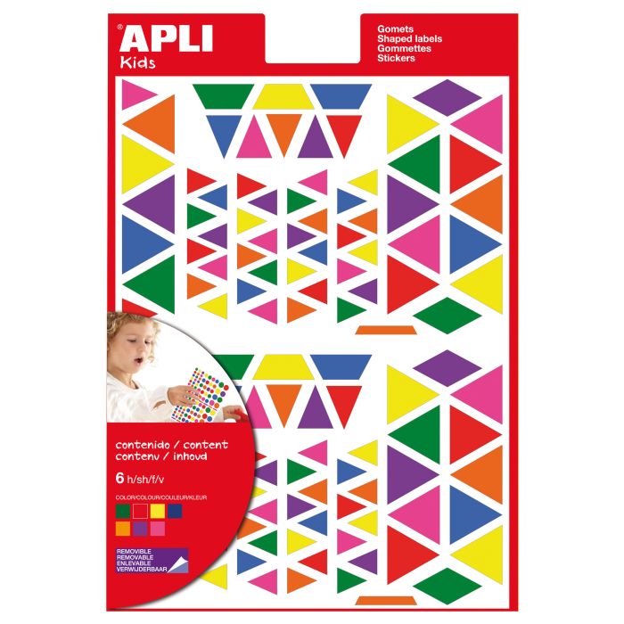 Apli Gomets Triangulares Removibles - Tamaños Surtidos - 648 Gomets por Bolsa - Desarrollo de Habilidades y Creatividad - Colores: Verde, Naranja, Rosa, Azul, Rojo, Lila y Amarillo