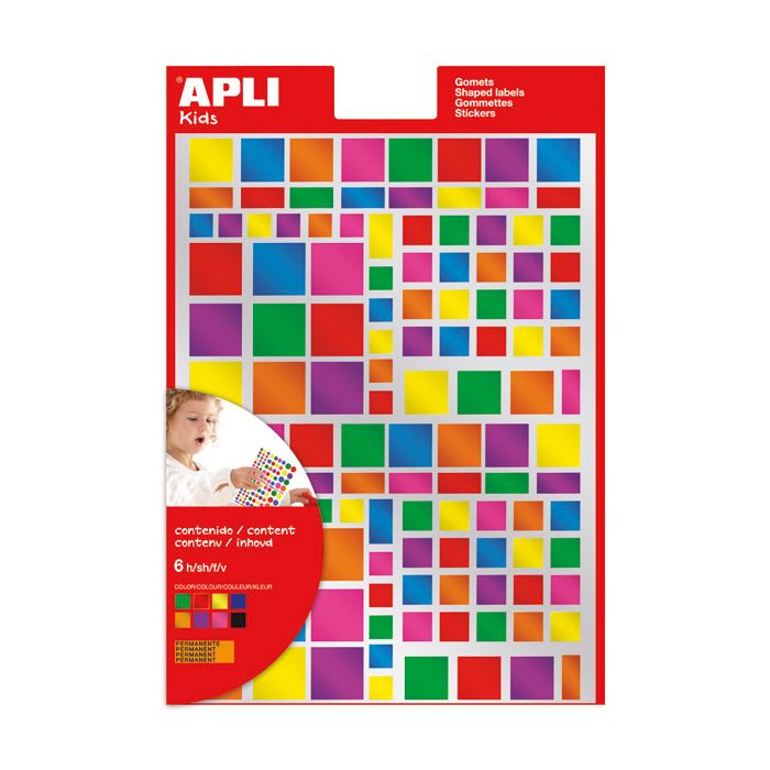 Apli Gomets Cuadrados Adhesivo Removible - Tamaños Surtidos - Acabado Metalizado - 732 Gomets por Bolsa - Desarrollo de Habilidades y Creatividad - Normas de Calidad y Seguridad - Colores Surtidos
