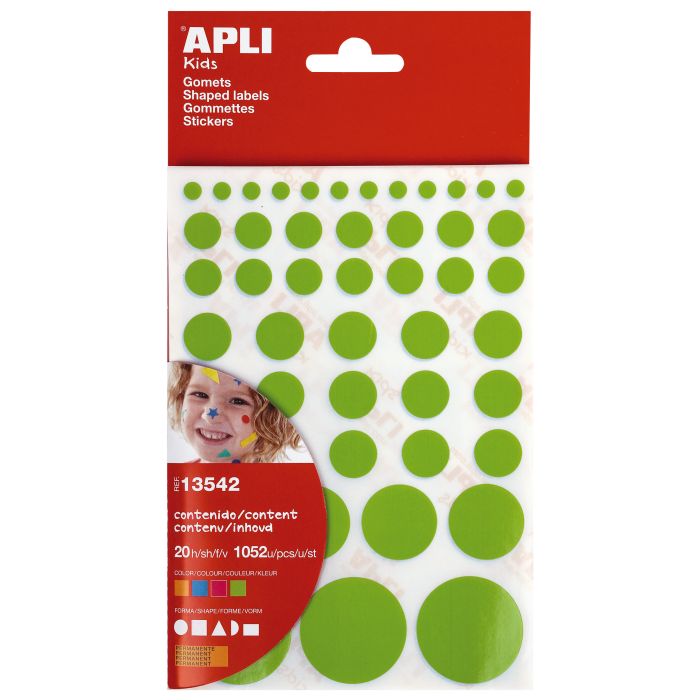 Apli Gomets Adhesivo Permanente - 1052 Gomets por Bolsa - Desarrollo de Habilidades Creativas y Psicomotrices - Cumple Normas EN-71 y FSC - Diferentes Formas y Tamaños - Colores Surtidos