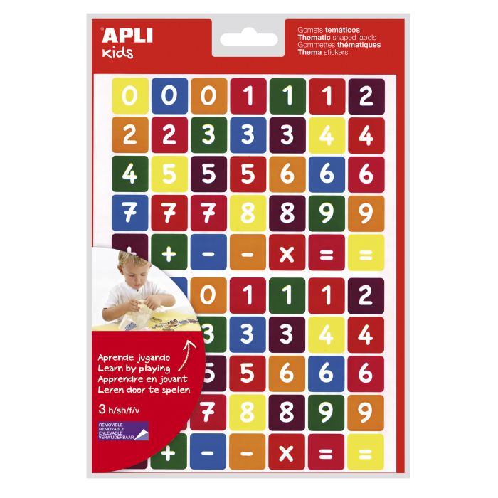 Apli Bolsa de Gomets Tematicos los Numeros - 210 Gomets en 3 Hojas - Adhesivo Removible - Aprendizaje de Numeros y Calculo Mental - Adhesivo Base Agua - Libre de Disolventes - Color Variado