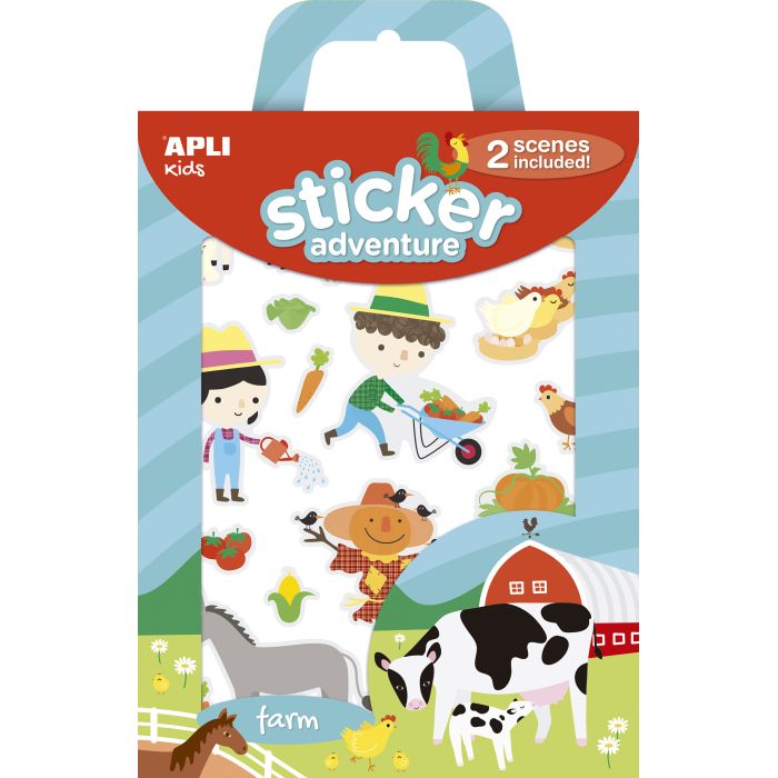 Apli Juego de Pegatinas de Papel Granja - 2 Escenarios 45x20cm - 42 Gomets Removibles - Formato Reducido con Cajita Asa - Ideal para Niños 3+ - Colorido