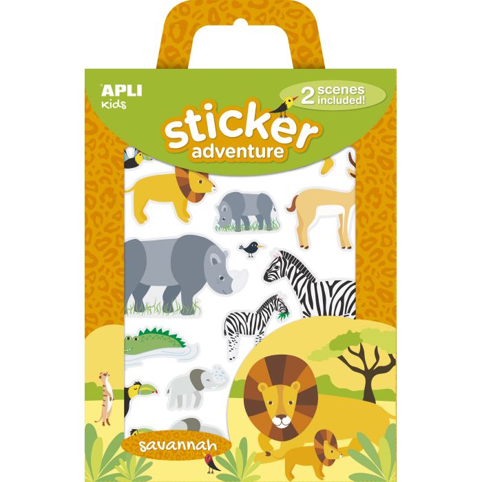 Apli Juego de Pegatinas Adhesivas de Papel Tematica Sabana - Incluye 2 Escenarios 45x20cm y 34 Gomets Removibles - Ideal para Crear Historias y Aventuras - Colorido