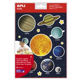 Apli Gomets Tematicos Sistema Solar - 240 Gomets en 12 Hojas - Adhesivo Removible - Ideal para Aprendizaje Visual y Habilidades Motoras - Adhesivo Base Agua - Libre de Disolventes - Coloridos