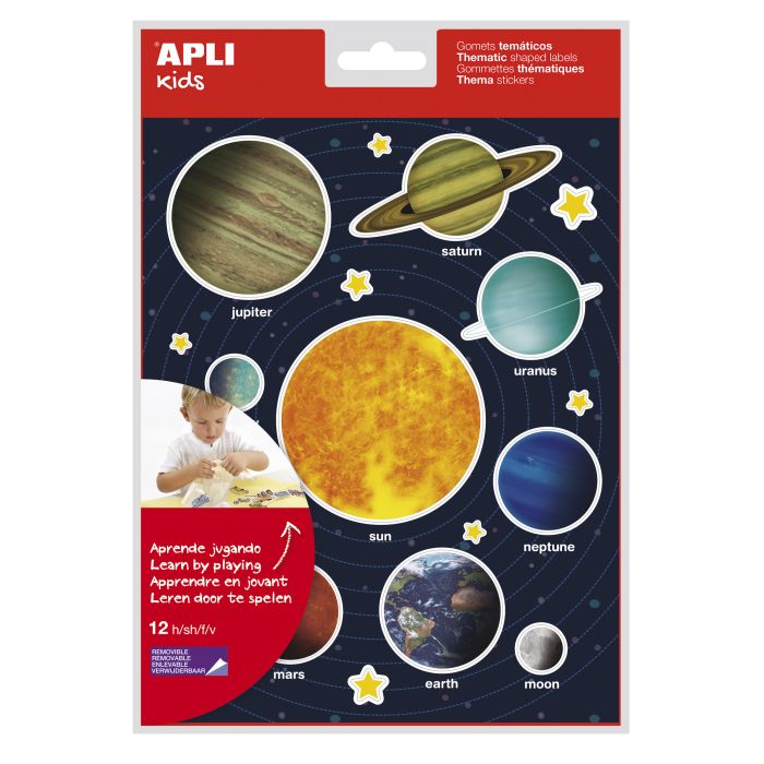 Apli Gomets Tematicos Sistema Solar - 240 Gomets en 12 Hojas - Adhesivo Removible - Ideal para Aprendizaje Visual y Habilidades Motoras - Adhesivo Base Agua - Libre de Disolventes - Coloridos