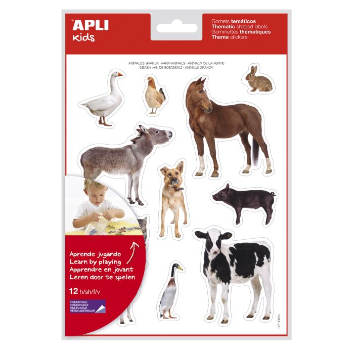 Apli Gomets Tematicos Realistas Animales de la Granja - 144 Gomets en 12 Hojas - Adhesivo Removible - Ideal para Desarrollar Habilidades Motoras - Adhesivo Base Agua - Libre de Disolventes - Gran Surtido Tematico