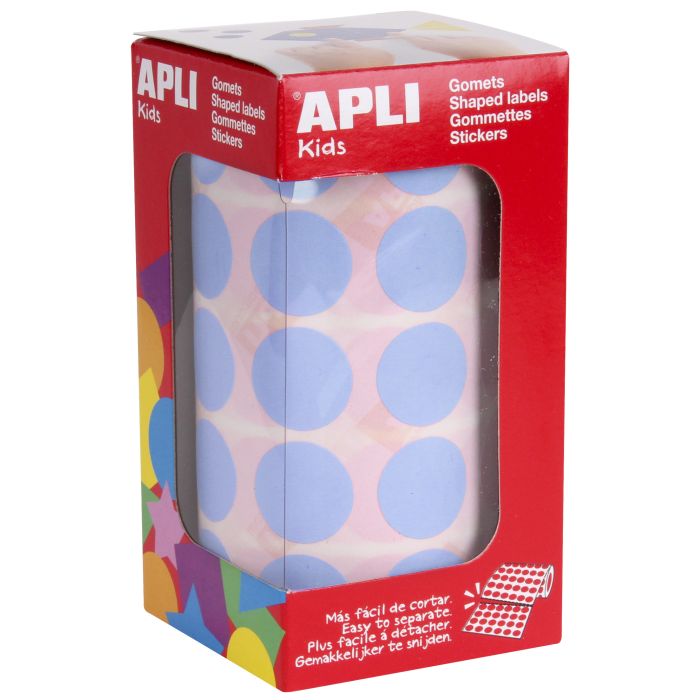 Apli Gomets Redondos Ø 20mm Azul Claro - 59 Hojas Pretroqueladas - 1770 Gomets por Rollo - Ideal para Escuelas y Talleres Infantiles - Normas EN-71 y FSC - Adhesivo Base Agua - Materiales 100% Reciclables