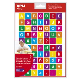 Apli Gomets Tematicos las Letras - 210 Gomets en 3 Hojas - Adhesivo Removible - Ayuda en la Identificacion y Pronunciacion de Letras - Adhesivo Base Agua - Libre de Disolventes - Color Variado