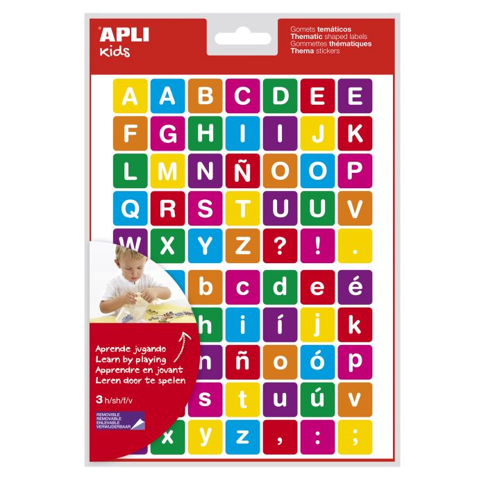 Apli Gomets Tematicos las Letras - 210 Gomets en 3 Hojas - Adhesivo Removible - Ayuda en la Identificacion y Pronunciacion de Letras - Adhesivo Base Agua - Libre de Disolventes - Color Variado