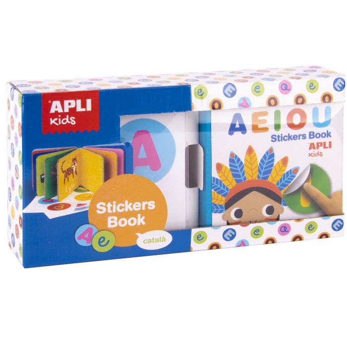 Apli Libro de Pegatinas Educativo Vocales - Tamaño 100x100x40 - 10 Paginas de Carton Rigido de 3mm - 5 Hojas de Gomets Removibles - Diseño Infantil con Ilustraciones Coloridas y Divertidas - Resistente y Facil de Manejar
