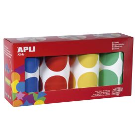 Apli Gomets Redondos Ø 45mm - Pack de 4 Rollos Surtidos - 1416 Gomets por Pack - Adhesivo Permanente - Hojas Pretroqueladas - Ideal para Guarderias - Desarrolla Psicomotricidad Fina - Cumple Normas EN-71 y FSC - Adhesivo Base Agua - Papeles ECF - Materia