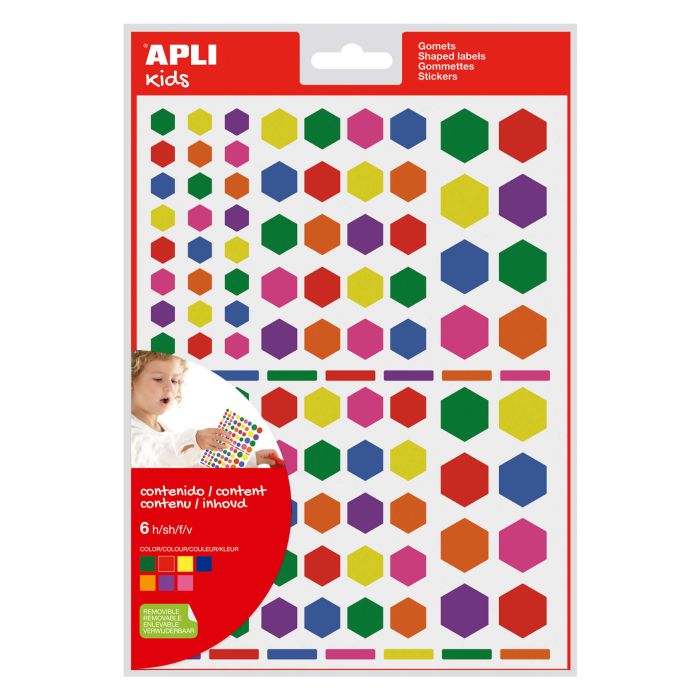 Apli Gomets Hexagonales Removibles - 3 Tamaños Surtidos - 624 Gomets por Bolsa - Desarrollo de Habilidades y Creatividad - Colores: Verde, Amarillo, Lila, Rojo, Naranja, Rosa y Azul