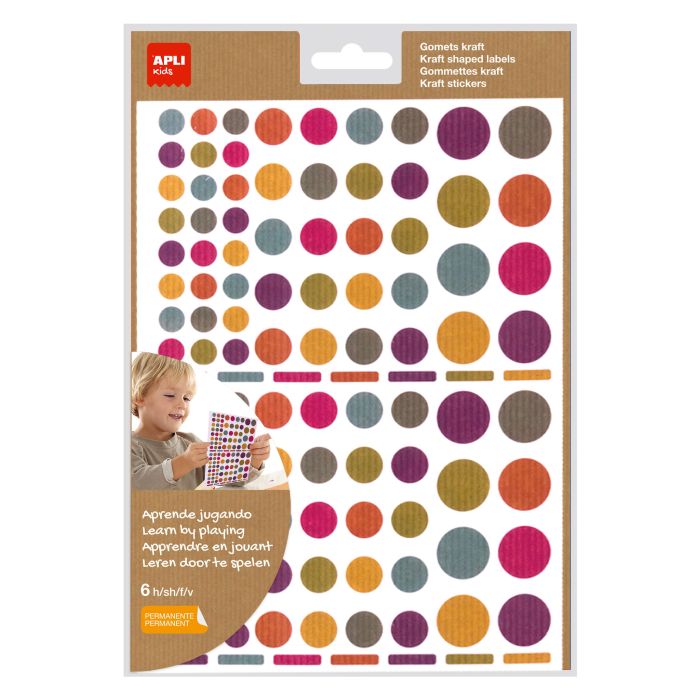 Apli Gomets Redondos Adhesivo Permanente - Ø 10mm, Ø 14mm y Ø 20mm - 624 Gomets por Bolsa - Desarrollo de Habilidades y Creatividad - Colores Colores