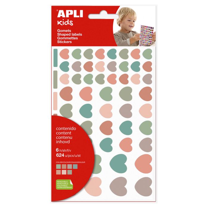 Apli Kids Bolsa de 624 Gomets Corazones Nordik - Adhesivo Removible - Tamaños y Colores Surtidos