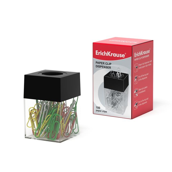 Erichkrause Dispensador de Clips - Compacto y Elegante - Incluye 100 Clips de Colores - Color Negro