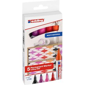 Edding 3000 Pack de 5 Rotuladores Permanentes Colores Calidos - Punta Redonda de 1.5mm - Trazo entre 1.5 y 3mm - Recargable - Secado Rapido - Colores Surtidos