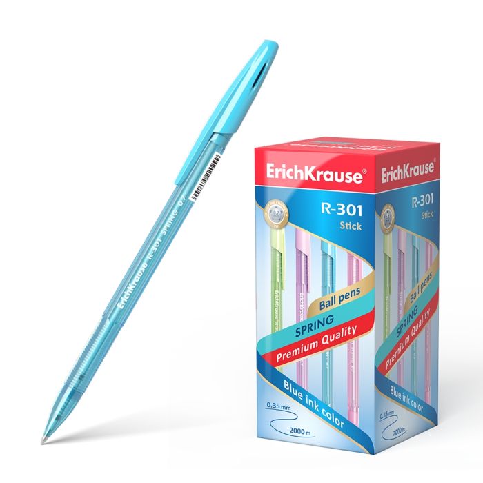 Erichkrause Boligrafo R-301 Spring Stick 0.7 - Cuerpo Hexagonal Translucido - Punta de 0.7mm - Tinta de Secado Rapido - Color Azul