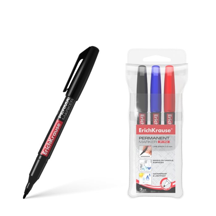 Erichkrause Pack de 3 Marcadores Permanente P-70 - Punta de Bala de 1.0mm - Resistente al Agua y a La Luz - Negro, Azul, Rojo (Pouch 3 Pcs.)
