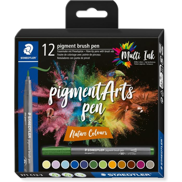 Staedtler 371 Pack de 12 Rotuladores Punta de Pincel Suave - Colores Vivos y Brillantes - No Amarillea con el Paso del Tiempo - Nueva Tinta Multi Ink - Pigmentos de Primera Calidad - Colores Nature Surtidos