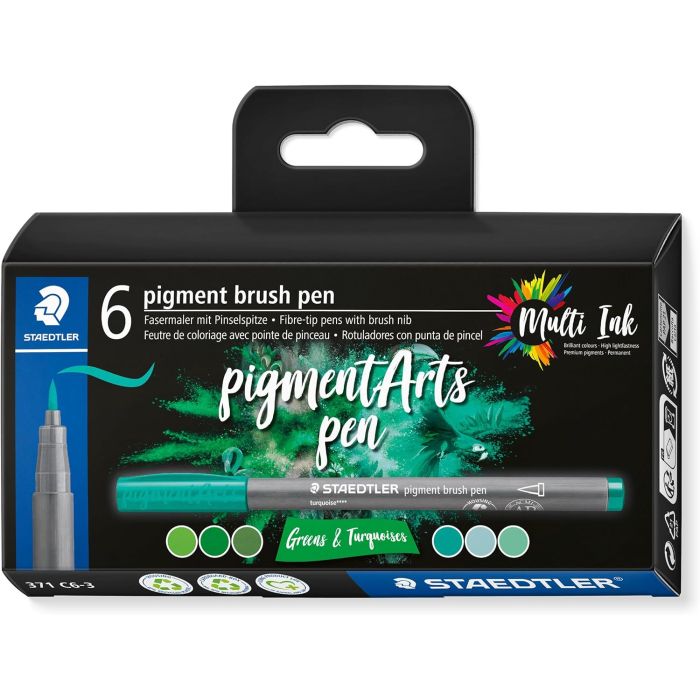 Staedtler 371 Pack de 6 Rotuladores Punta de Pincel Suave - Colores Vivos y Brillantes - No Amarillea con el Paso del Tiempo - Nueva Tinta Multi Ink - Pigmentos de Primera Calidad - Colores Verdes/Turquesas Surtidos