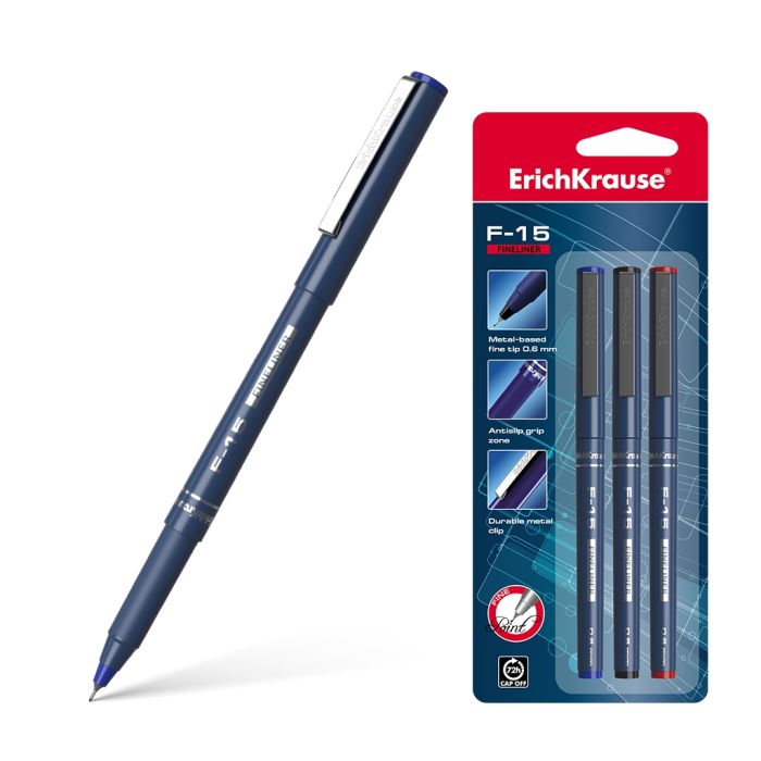 Erichkrause Pack de 3 Boligrafos F-15 - Trazo Fino de 06mm - Tinta en Colores Azul, Negro y Rojo - Color Del Cuerpo Opaco Redondo - Longitud de Linea Continua de 400m - Color Del Tapon Coincide con La Tinta