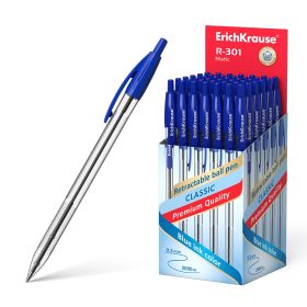 Erichkrause Boligrafo Automatico R-301 Classic Matic 10 - Punta Estandar de 10mm - Tinta de Secado Rapido - Cuerpo Hexagonal Transparente - Color Azur