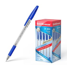 Erichkrause Boligrafo R-301 Classic Stick&Grip 1.0 - Cuerpo Transparente Hexagonal - Zona de Agarre de Goma - Capuchon Ventilado - Tinta de Secado Rapido - Color Azul