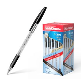 Erichkrause Boligrafo R-301 Classic Stick&Grip 1.0 - Cuerpo Transparente Hexagonal - Zona de Agarre de Goma - Capuchon Ventilado - Tinta de Secado Rapido - Color Negro