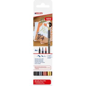 Edding 1340 Brush Pack de 4 Rotuladores - Punta Pincel Flexible - Trazo 1-3mm - Tinta con Base de Agua - Colores Oro, Negro, Gris y Albaricoque