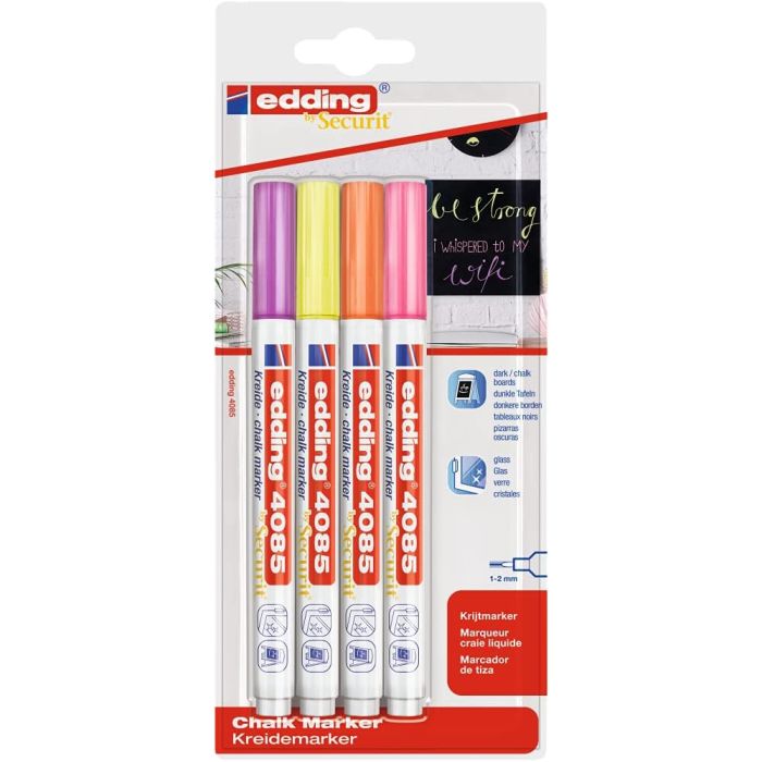 Edding 4085 Neon Pack de 4 Rotuladores de Tiza Liquida - Punta Redonda - Trazo 1-3mm - Olor Neutro - Colores Frambuesa, Amarillo, Naranja y Rosa Neon