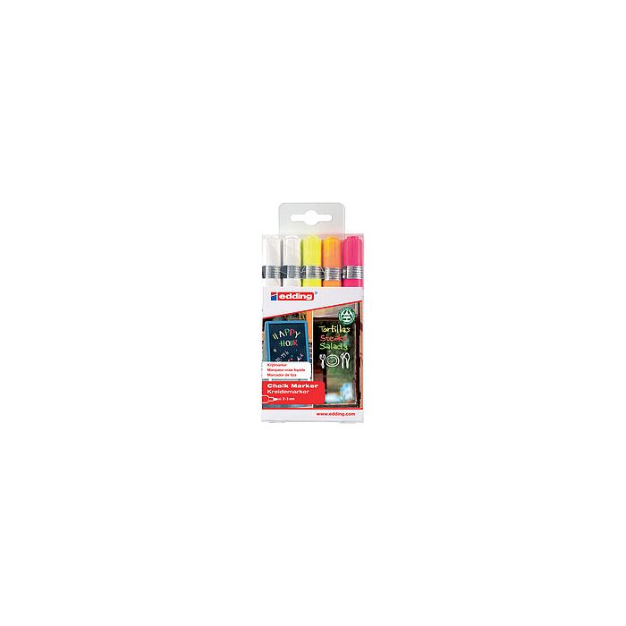 Edding 4095 Pack de 5 Rotuladores de Tiza Liquida - Punta Redonda - Trazo 2-3mm - Olor Neutro - Colores Blanco x2, Amarillo, Naranja y Rosa